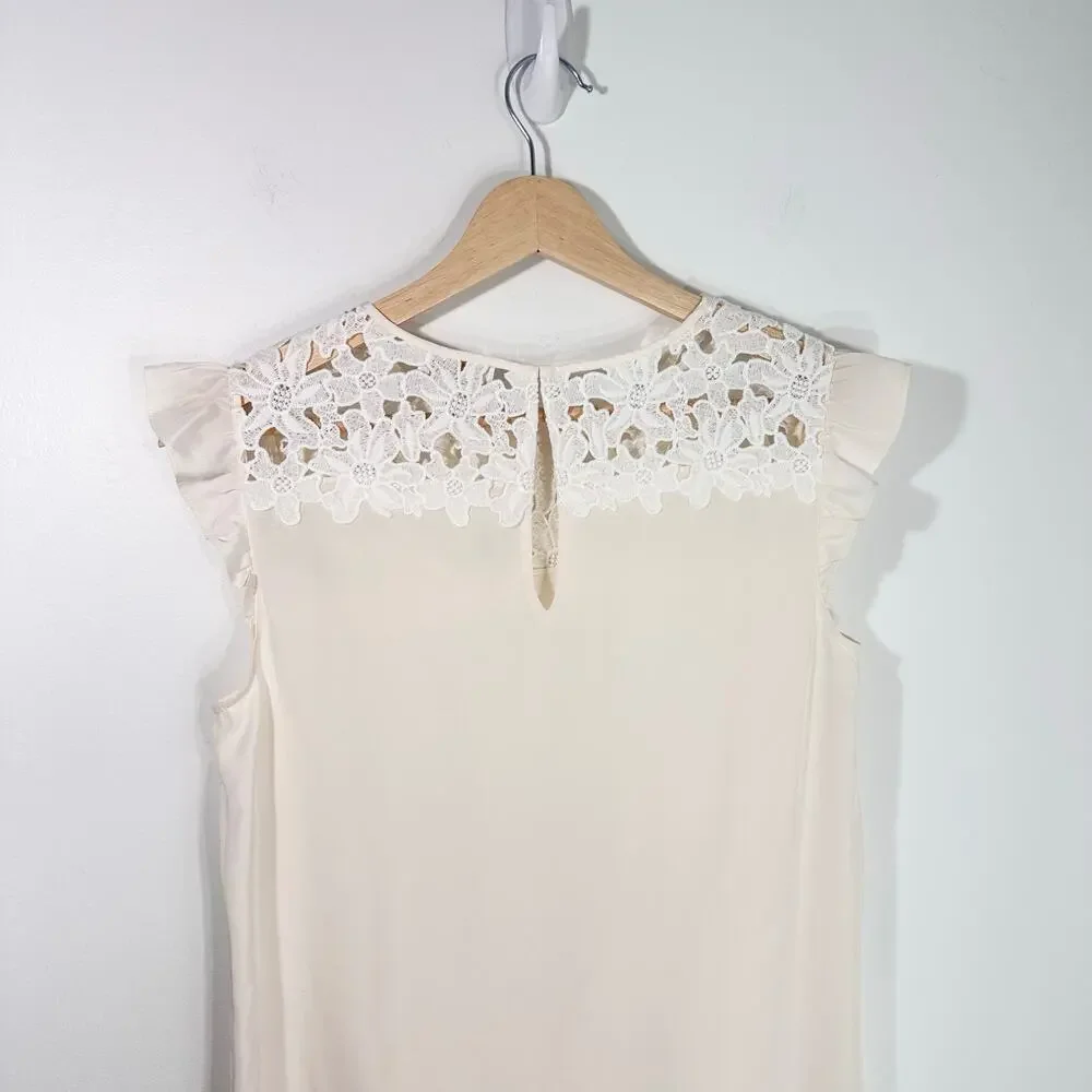 Kate Spade Silk Sleeveless Ruffle Floral Lace Top | Cream | SZ XS